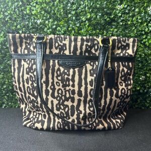Coach Ocelot Print Nylon Black Patent Leather Tote Bag